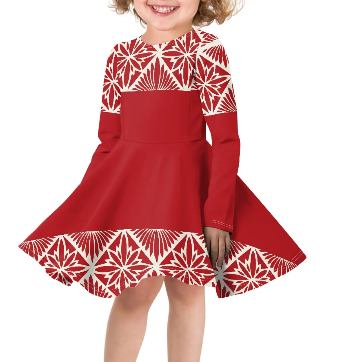 Новый дизайн 2023, индивидуальные платья с круглым вырезом и длинными рукавами для маленьких девочек, этническое детское платье Tonga из красной Полинезии для вечеринки, детская одежда