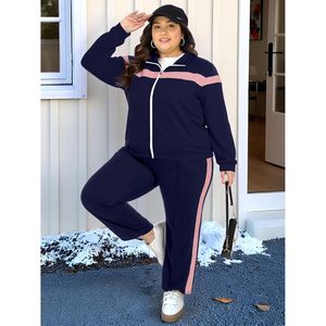 Ensemble de survêtement 2 pièces pour femmes FOXA, taille plus, veste zippée, pantalon de survêtement, couleurs contrastées, bande latérale, vêtements décontractés - Product Image 3