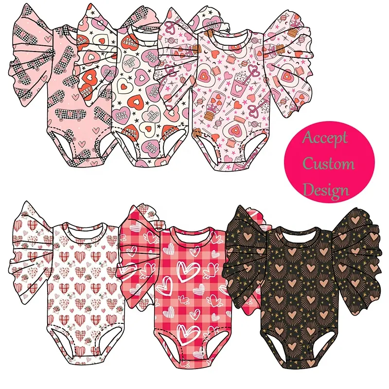 New arrival kids clothing Lovely Valentine's day print Flutter sleeve leotards one piece Soft fabric romper