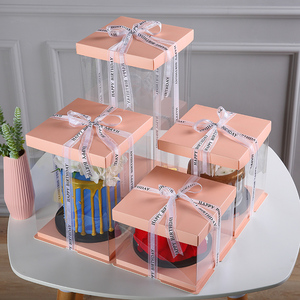 トップセールスクエアバースデーケーキボックス12X12X6食品包装カスタムロゴ卸売透明ベーカリーケーキボックスリボンハンドル付き - Product Image 3