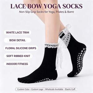 PATON Chaussettes de yoga et de pilates antidérapantes à cinq doigts pour femmes, avec bordure en dentelle blanche ajourée et long <span class=keywords><strong>ruban</strong></span> à nœud, vente en gros personnalisée - Product Image 2