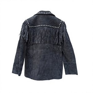 Rao Black <b>Suede</b> Fringe Motorcycle <b>Jacket</b> with Studs Turn-down Collar Breathable Lightweight Autumn Style - Product Image 2