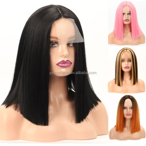 14 pouces 2.5x2 avant dentelle os droit Bob perruque de <span class=keywords><strong>cheveux</strong></span> synthétiques point culminant partie centrale simulé cuir chevelu perruque haute température - Product Image 1