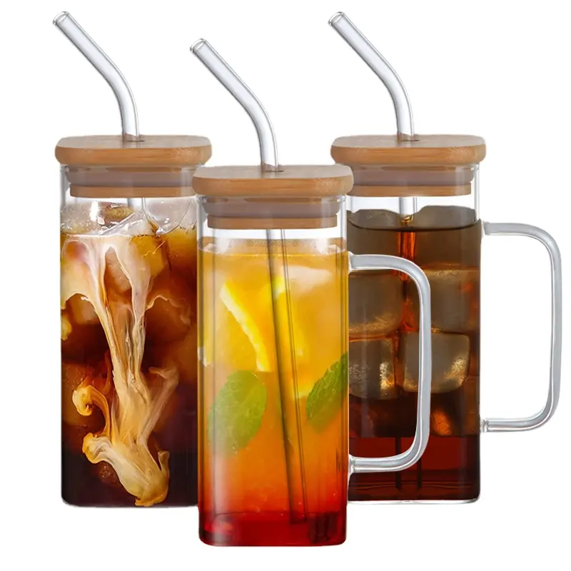 Wanyueji Factory Clear Glass Tumbler with Lid and Straw - Perfect for Iced Coffee and Tea water bottle with handle
