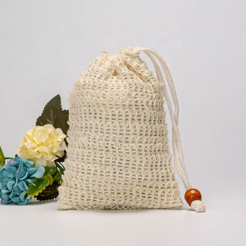 Eco Friendly Zero Resíduos Crochet Juta Hemp Saver Algodão Natural Drawstring Mesh Bag Esfoliante Sisal Soap Pouch Bag