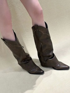 2023 femmes Cowboy Vintage Rivet grosses <span class=keywords><strong>bottes</strong></span> à talons hauts couleur marron mi-mollet <span class=keywords><strong>bottes</strong></span> demi-Tube Western Denim <span class=keywords><strong>bottes</strong></span> chaussures chaussures - Product Image 4