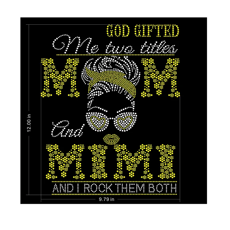Factory Custom Hotfix Bling God Gifted me two titles mom and mimi Rhinestone Transfer Wholesale for T shirt