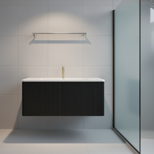 Mueble de Baño Moderno de 36 Pulgadas con Acabado Rayado en Roble Negro, Lavabo Flotante de Cerámica Blanca, Montado en la Pared - Product Image 2