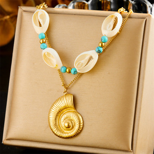 Retro Turquoise Conch Shell Layered Necklace Gold Pendant Stainless Steel Double Chain Stackable Fashion Jewelry - Product Image 1