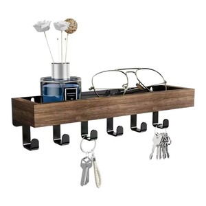Wooden Key Rack <b>Wall</b> <b>Mounted</b> Multi Functional Storage <b>Shelf</b> For Living Room Kitchen Bedroom Simple Design Rectangle Shape - Product Image 5