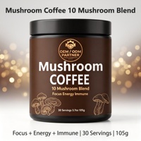 Poudre de café aux champignons OEM ODM, mélange de 10 champignons, 30 portions, 105g, instantané, concentration, énergie, antioxydant, soutien immunitaire, fonctionnel