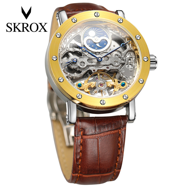 SKROX High Quality Reloj Para Hombre Watch Western Business Moonphase Movement Luxury Automatic Skeleton Men Mechanical Watch