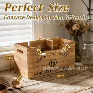 Wooden Cutlery <b>Storage</b> <b>Box</b> Rectangle Wall Mounted Multi Compartment <b>Kitchen</b> Utensil Organizer Retro Color - Product Image 4