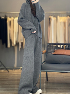 Customized Thickened Hooded Cashmere Knit <strong>Base</strong> Top and Wide-Leg Pants Two-Piece Set Youthful Wool <strong>Outfit</strong> - Product Image 1