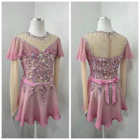 Robe de patinage artistique rose à manches volantées, en tissu maillé avec strass pour enfants et adultes, pour compétitions et spectacles sur glace