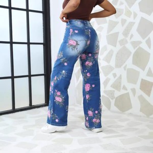 <span class=keywords><strong>Jeans</strong></span> a Gamba Larga con Stampa Floreale a Vita Alta per Donna, Taglie Forti, Moda Autunnale Casual e Trendy - Product Image 3