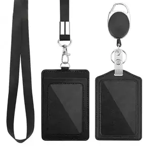Office ID card Retractable Lanyard Badge Holder black PU leather ID card holder