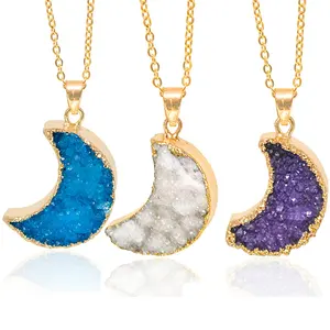 Natural Crystal White Drusy Quartz Crescent Moon Raw Stone Pendant Necklace with Gold Edge