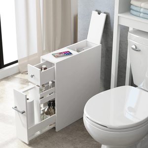 Mobile da Bagno con Cassetto Estraibile, Armadietto Portaoggetti in <span class=keywords><strong>Legno</strong></span> Autoportante con Portarotolo - Product Image 2