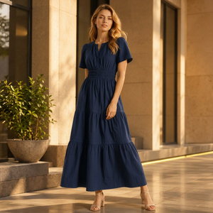 Vestido de Fiesta Bohemio de Algodón Azul Marino para Mujer, Calidad Boutique, Manga Corta, Cintura Natural, Estilo Escalonado, Ecológico - Product Image 1