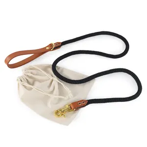 Promotional Round Rope Heavy Duty Gentle Dog Leash Lead with Soft Cowhide Leather Handle