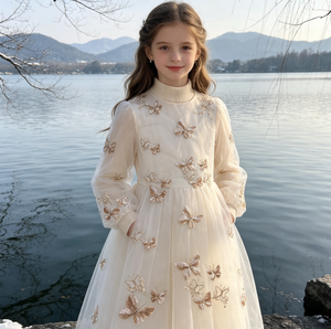 Tissu <span class=keywords><strong>en</strong></span> tulle à sequins papillon 3D dégradé champagne A029, tissu brodé <span class=keywords><strong>en</strong></span> filet pour robe de mariée et abaya du Moyen-Orient - Product Image 6