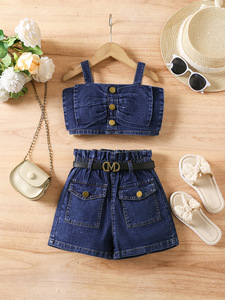 Conjunto de Roupas para Meninas Pequenas por Atacado, Top de Denim Sem Mangas com Laço + Shorts Jeans, Conjunto de 2 Peças - Product Image 2
