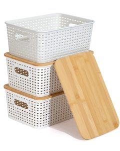 Pantry Stackable Storage Containers Plastic Storage Baskets With Bamboo Lid