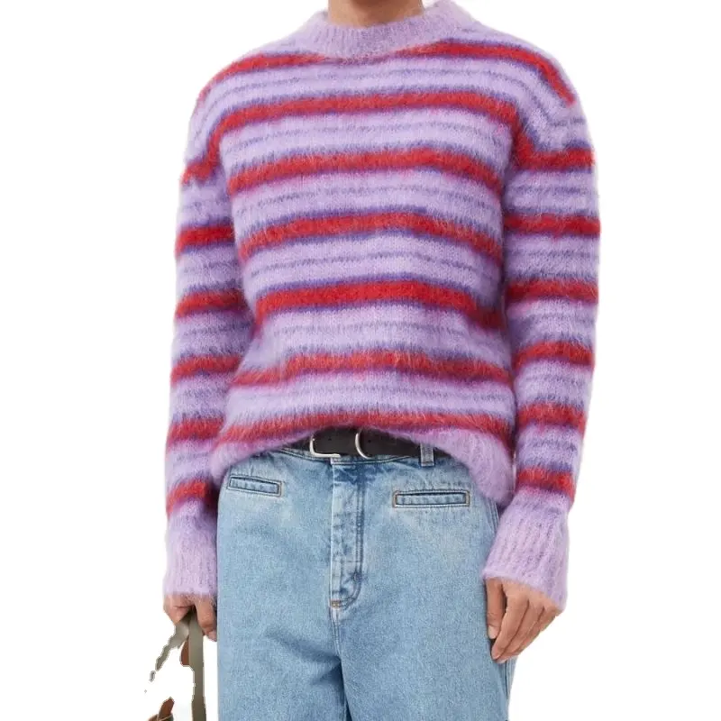 2023 Custom OEM   ODM men mohair sweater Fuzzy Jacquard Long Sleeve knitted winter pullover kint crew neck knitwear sweater men