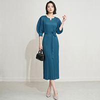 En stock, robe midi plissée élégante pour femme, à manches bouffantes, col montant, ceinturée, en crêpe tissé infroissable, taille unique, pour le bureau et les soirées