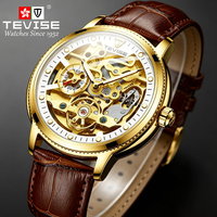 Montre Tourbillon TEVISE, montres mécaniques squelette de luxe, boîtier en alliage, bracelet en cuir, résistance à l'eau 3ATM