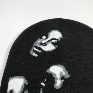 OEM-gorros de invierno unisex, de alta calidad, con estampado de jacquard transparente personalizado, color negro