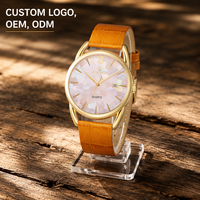 Jam Tangan Dial Mosaik MOP Pria Casing Baja Tahan Karat Emas Tali Kulit Sapi Miyota Quartz Tanggal 3BAR Tahan Air 44Mm