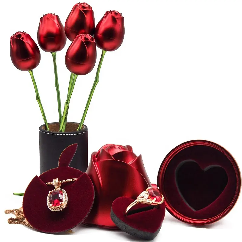 Clearance sale 3$ red metal rose bud boxes with long stem packaging ring necklace valentine's day gift box