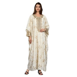 Robe longue kaftan ivoire pour femmes musulmanes Hafizah, broderie florale dorée, manches chauve-souris, robe maxi une pièce, Ramadan, Eid, <span class=keywords><strong>Abaya</strong></span> islamique, vente en gros - Product Image 6