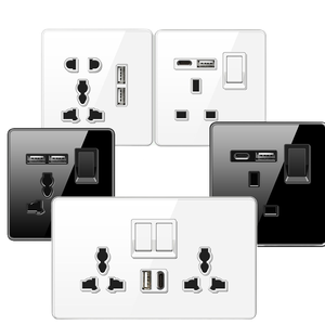 Modern Tempered Glass Wall <b>Socket</b> Panel 2 Outlets 2-Gang USB A & Type-C Ports 230V 16A IP20 White and Black - Product Image 1