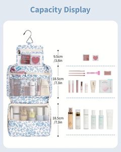 Blue Floral Waterproof Cosmetic <b>Bag</b> Portable Makeup Pouch Wash <b>Bag</b> with Handle - Product Image 6