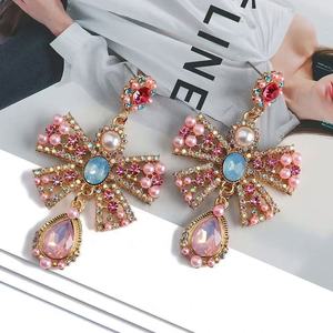 European American Trendy Fashion Imitation Pearl Colored Crystal <b>Glass</b> Metal Bow Earrings Elegant Sweet <b>Retro</b> Jewelry - Product Image 5