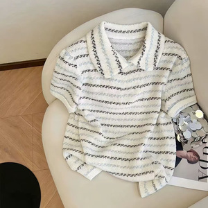 Dalang – Polo rayé en soie glacée tricotée à manches courtes pour femme, haut fin d'été blanc ZY409 - Product Image 1