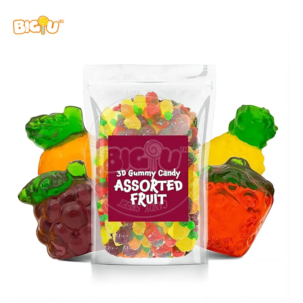 Free sample Wholesale fruit shape 3D gummy candy and High Quality sweets Fruit Juice Flavour
