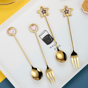 Stainless Steel Cutlery Set for Home Use Gold Matted Long Handle Spoon and Fork with <b>Star</b> Heart Pendant Flatware Sets - Product Image 2