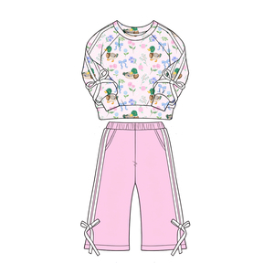 Ensembles de vêtements en laine peignée 2 pièces pour petites filles, personnalisés, décontractés, à imprimé floral rose, avec chemise à nœuds et pantalon, vente en gros, ensembles pour sœurs - Product Image 3