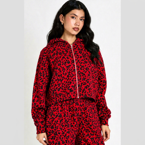 <b>Women's</b> Trendy <b>Red</b> Leopard Print Zip Up <b>Hoodie</b> Long Sleeve Hooded Jacket With Full Front Zipper Comfortable Fit For Casual Wear - Product Image 1