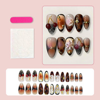 Faux ongles à presser personnalisés en forme d'amande, motif écaille de tortue vintage, dentelle florale cerise 3D, breloques métalliques dorées, réutilisables