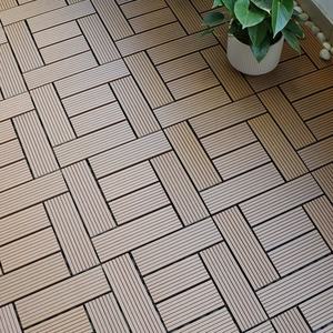 Waterproof WPC <b>Interlocking</b> Decking <b>Tiles</b> Outdoor Wood Plastic Composite 3D Woodgrain Straight Stripe <b>Tile</b> - Product Image 5