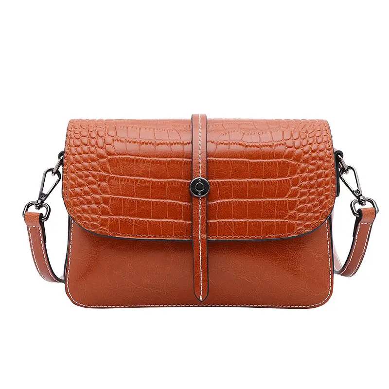 Real leather brown crossbody bag embossed crocodile messenger bag factory price customised handbags