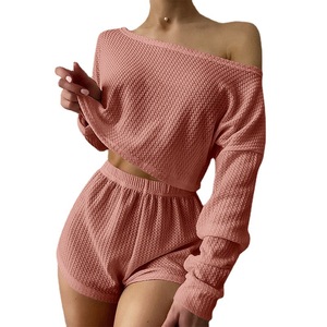 Pyjama haut à épaules dénudées Short respirant gaufré mode pyjama décontracté costume ensembles de vêtements de nuit - Product Image 5