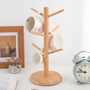 Bamboe Mok Houder Boom, Dikkere Basis Koffie Bekerhouder Stand Voor Teller, koffie Mok Rack Met 6 Haken Houten Mok Stand