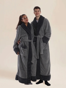Albornoz Largo de Sherpa Grueso y Esponjoso con Cuello Chal y Ribete en Contraste Cálido, Sin Capucha, <span class=keywords><strong>Para</strong></span> <span class=keywords><strong>Parejas</strong></span>, Ideal <span class=keywords><strong>para</strong></span> el Hogar, Hotel y Descanso Nocturno - Product Image 2