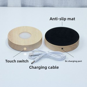 Base de <span class=keywords><strong>lampe</strong></span> LED en bois givré avec chargement USB, mini support rond en bois avec interrupteur tactile pour veilleuse LED 3D DIY, cadeau décoratif - Product Image 2